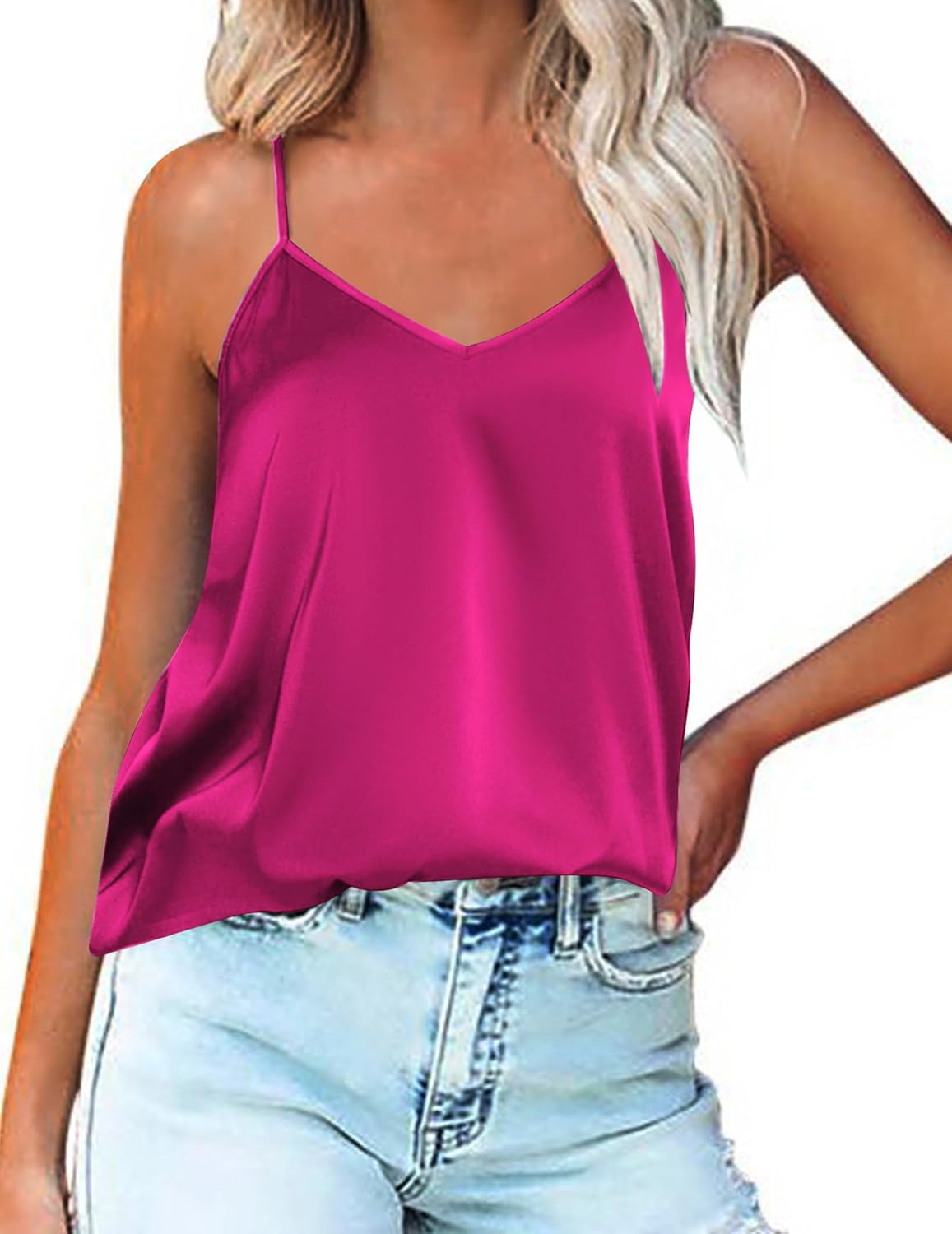 Silk satin tank top in bright magenta with thin spaghetti straps