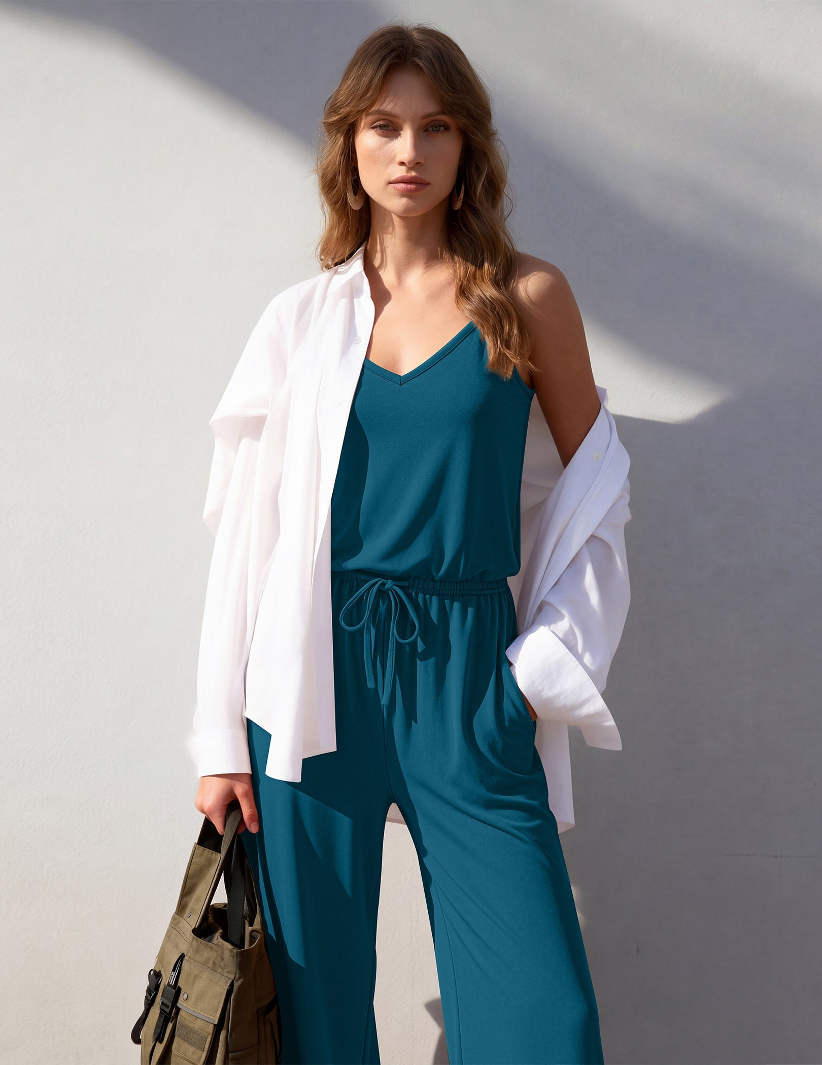 Teal sleeveless wide-leg jumpsuit with V-neck, drawstring waist and side pockets