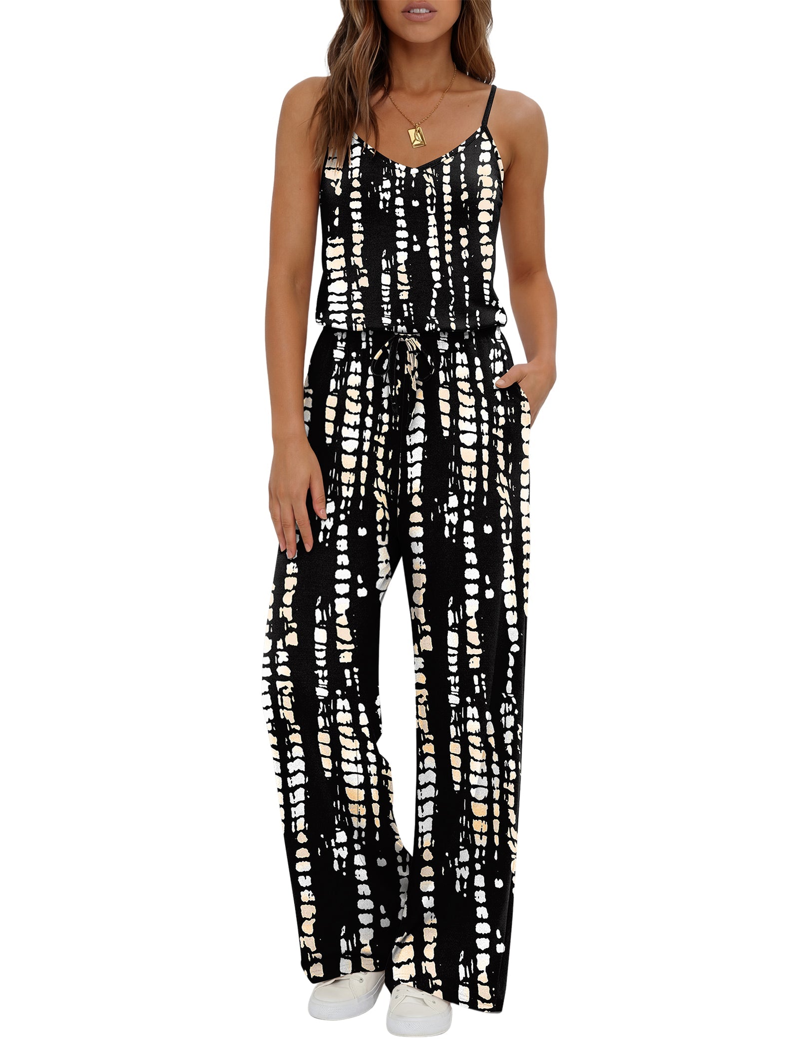 Black-and-white tie-dye sleeveless wide-leg jumpsuit with V-neck and pockets