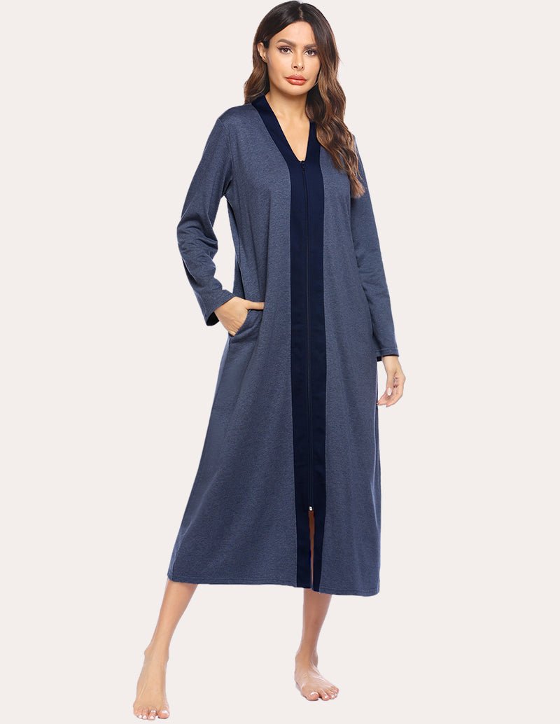 Long zip-front loungewear robe with pockets, navy blue, long sleeves and V-neck opening