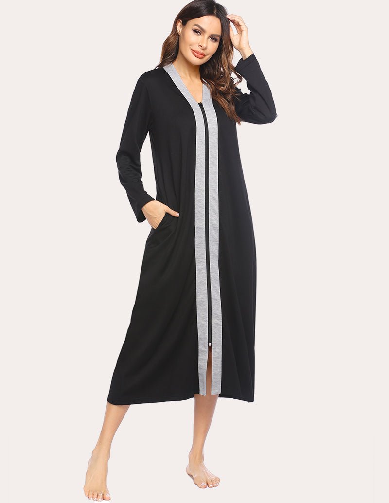Long zip-front loungewear robe with pockets, black with gray-trim front placket and V-neck