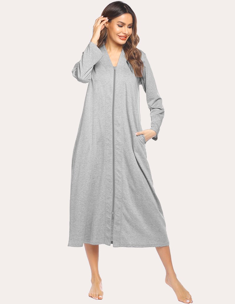Long zip-front loungewear robe with pockets, heather gray, long sleeves and V-neck opening