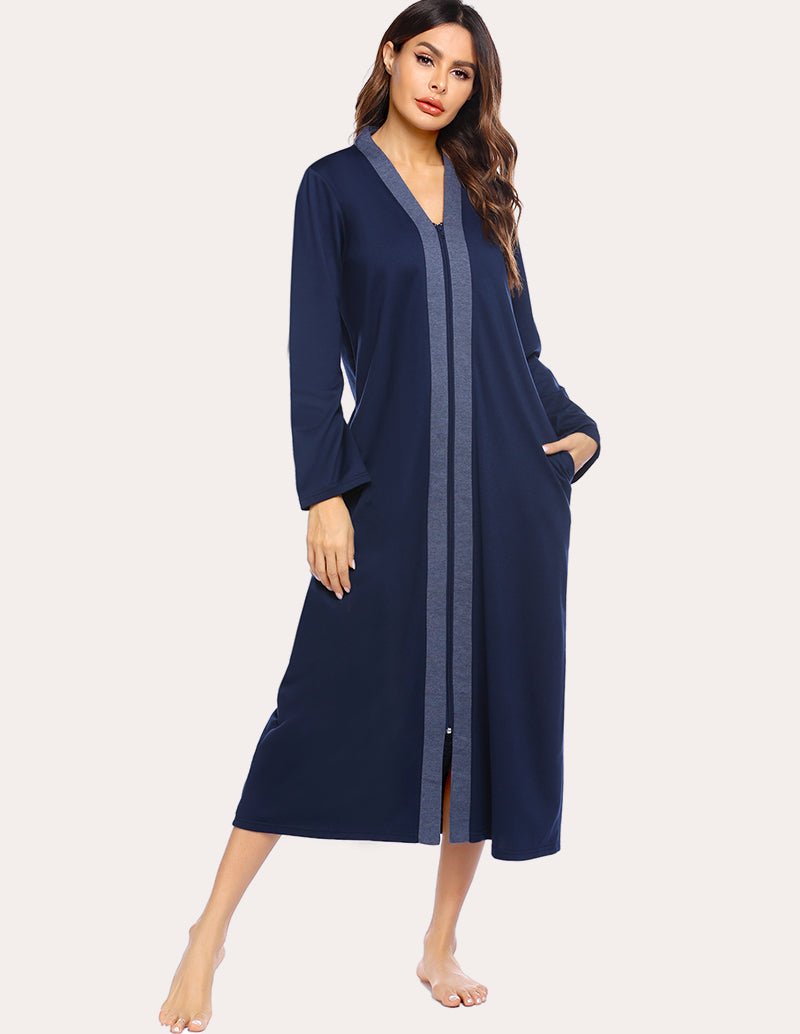 Navy blue long zip-front robe with pockets, long sleeves, side-slit hem detail