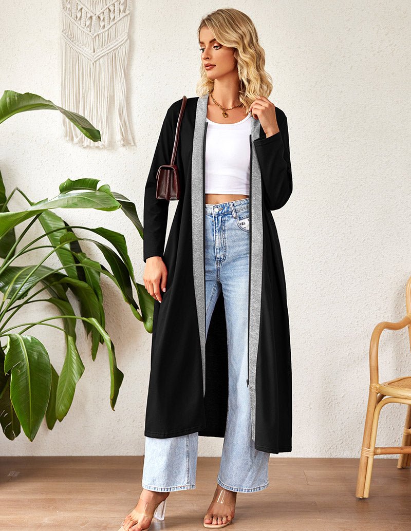 Black long zip-front robe with pockets, open front with gray-trim panel, long sleeves