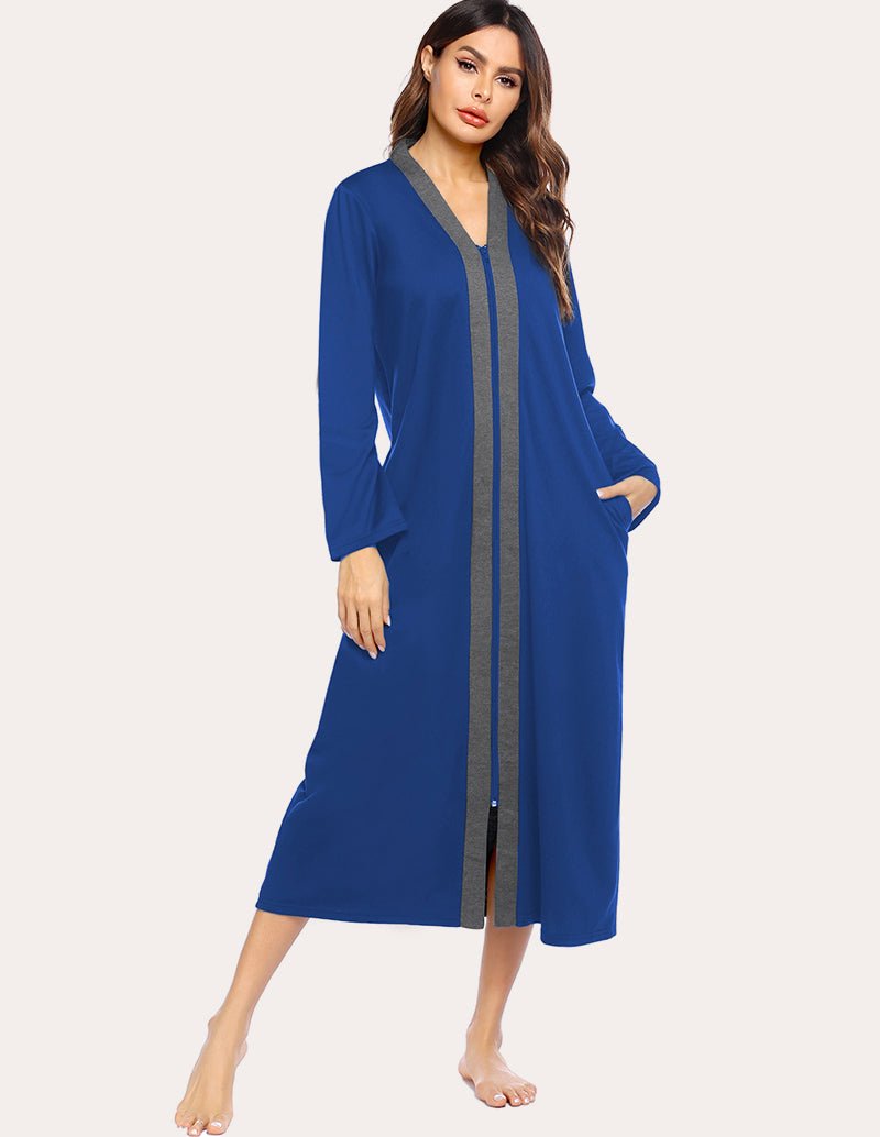 Blue long zip-front robe with pockets, heather-gray front panel detail, long sleeves