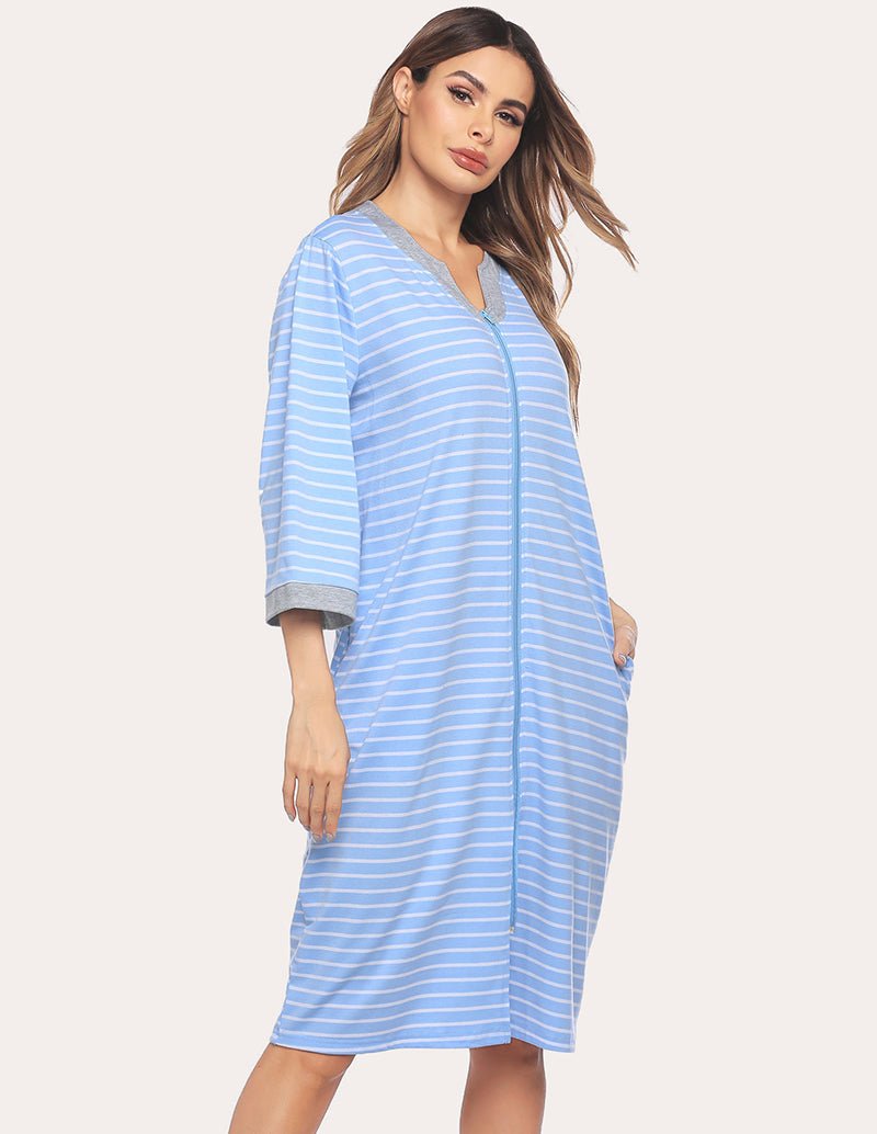 Light blue striped zipper robe nightgown with gray-trimmed 3/4 sleeves