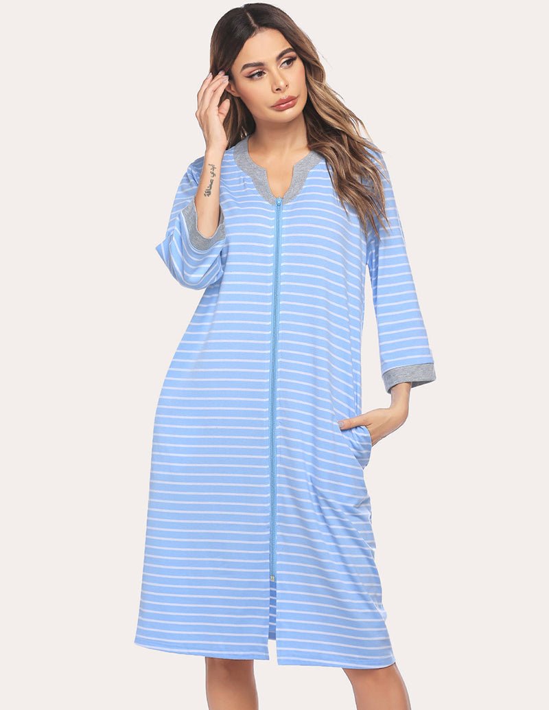 Light blue striped zip-front nightgown robe, 3/4 sleeves, knee length