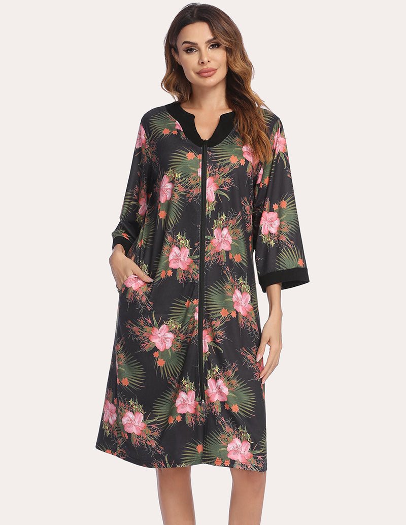 Black floral print zipper robe nightgown with 3/4 sleeves and side pockets
