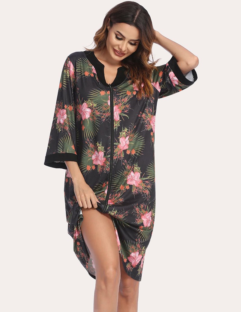 Zipper robe nightgown in black with pink floral print, 3/4 sleeves