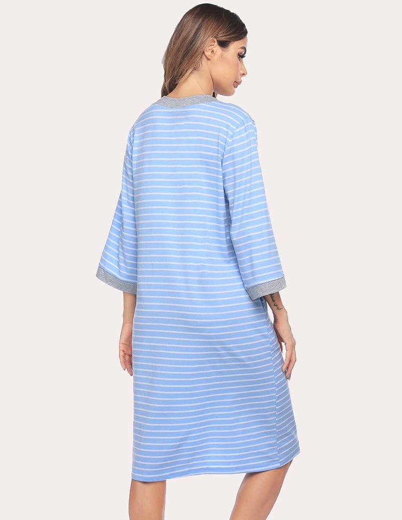 Light blue striped robe nightgown, back view, 3/4 sleeves with gray cuffs