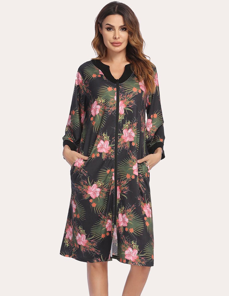 Black zip-front nightgown robe with pink and green floral, 3/4 sleeves