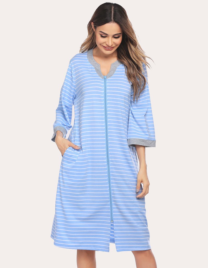 Light blue striped 3/4-sleeve zipper nightgown robe with gray cuff trim