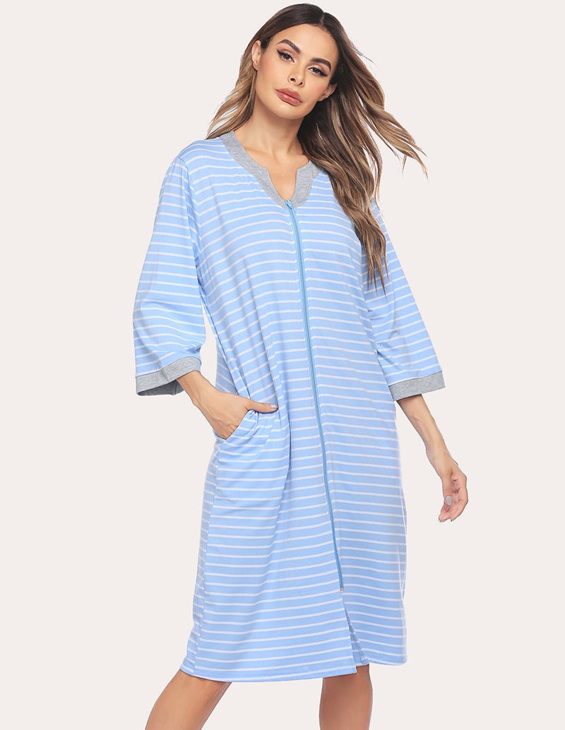 Ekouaer Zipper robe nightgown, light blue with white stripes, 3/4 sleeves
