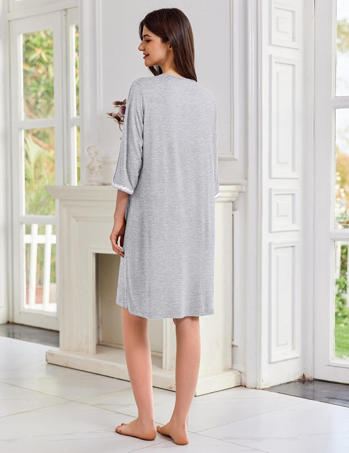 Light gray women’s house robe, 3/4 sleeves, lace-trimmed front opening, knee length