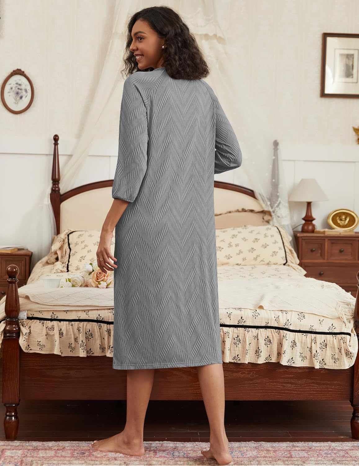 Grey ribbed knit bathrobe with zip front, back view, three-quarter sleeves