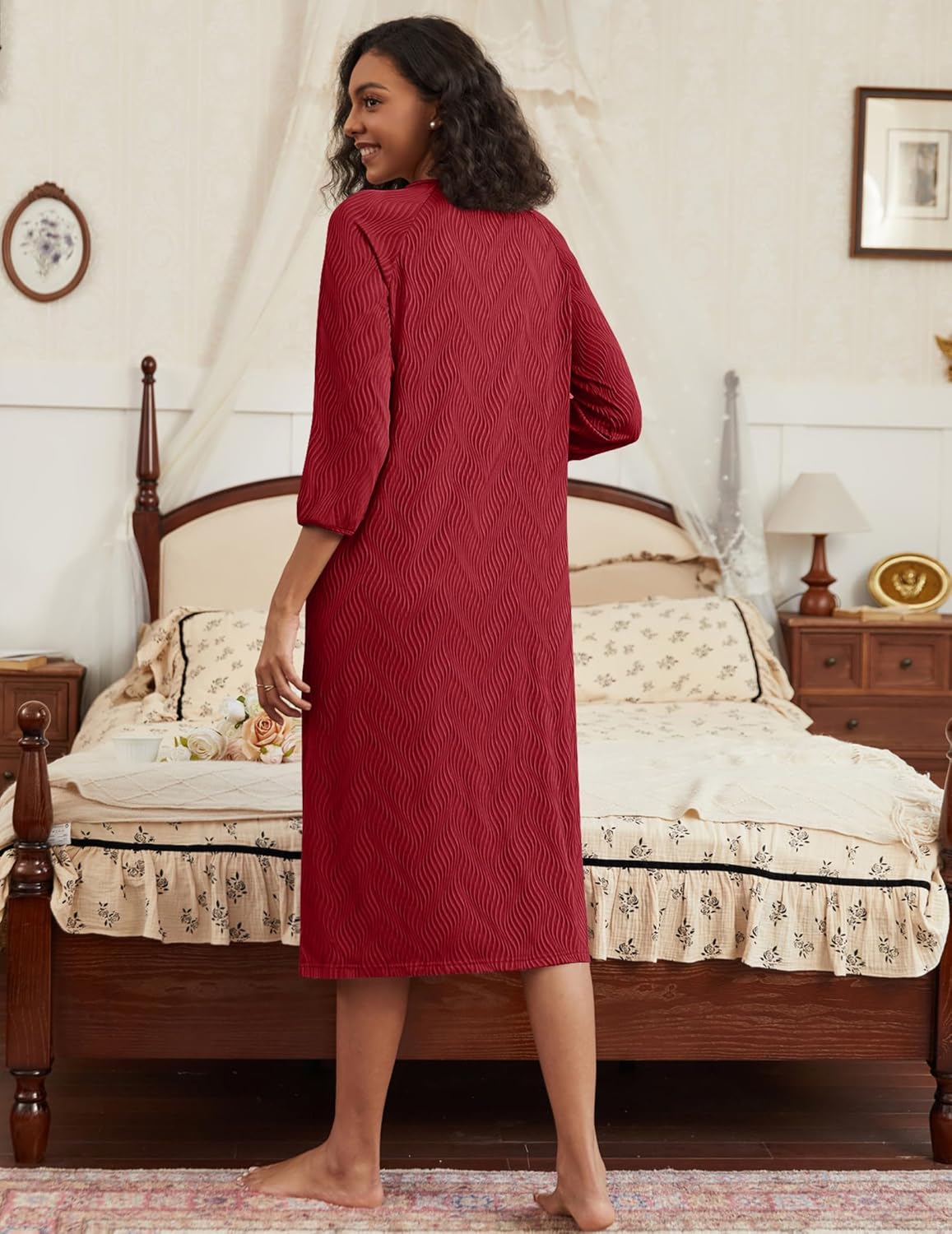 Wine red ribbed knit zip-front bathrobe, long sleeves, midi length