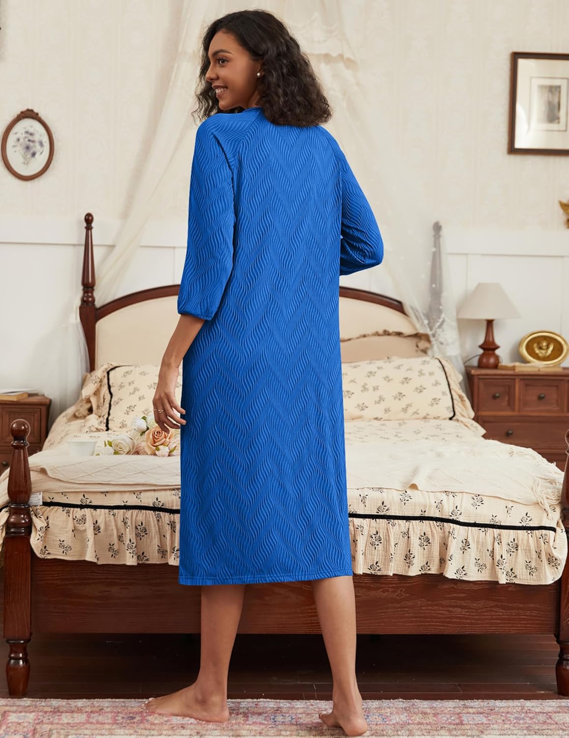 Sky blue ribbed knit zip-front bathrobe, back view, long sleeves