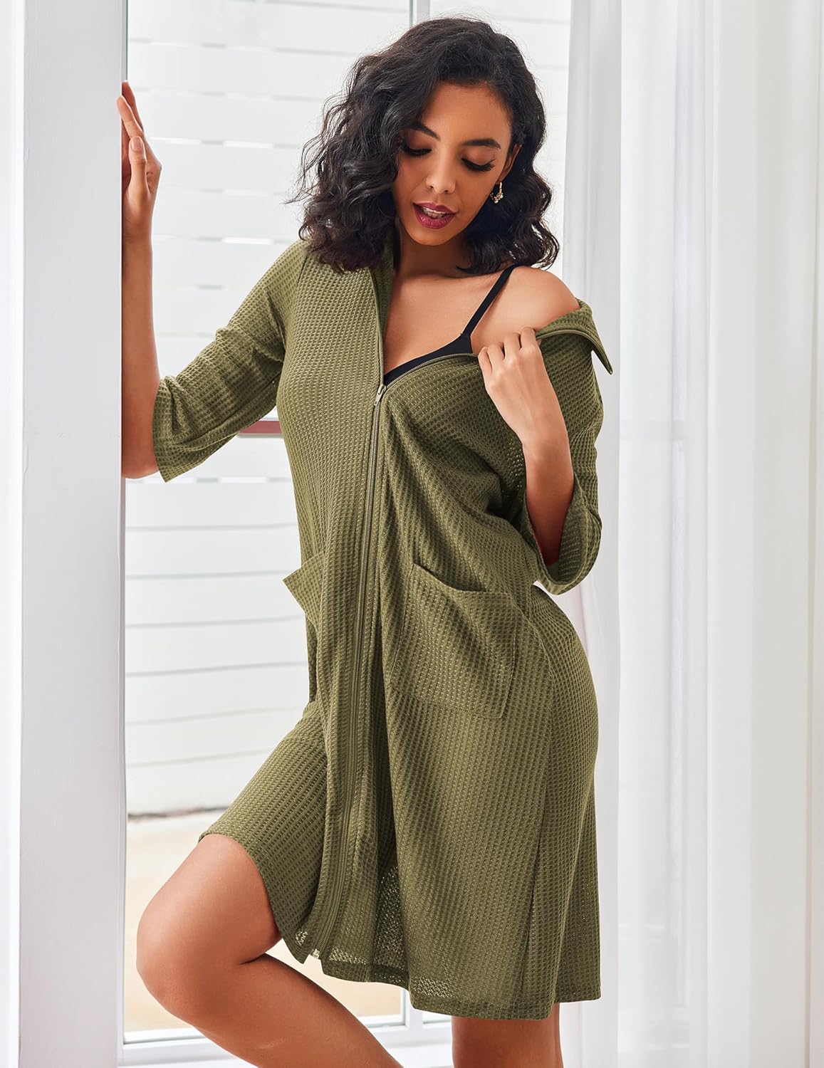 Olive green waffle-knit zip bathrobe with pockets and hood, front opening