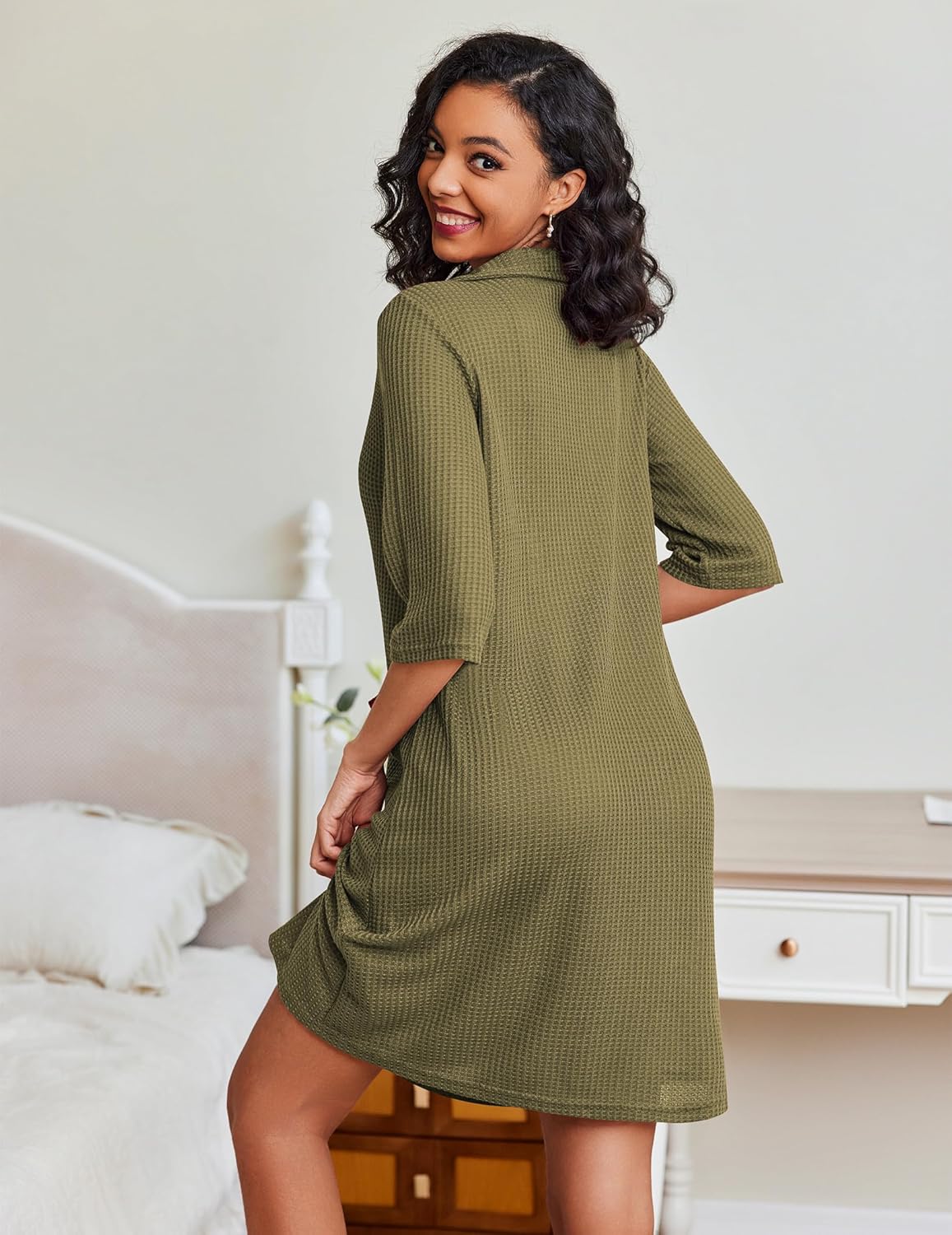 Olive green waffle-knit hooded zip bathrobe with pockets, long sleeves, side view
