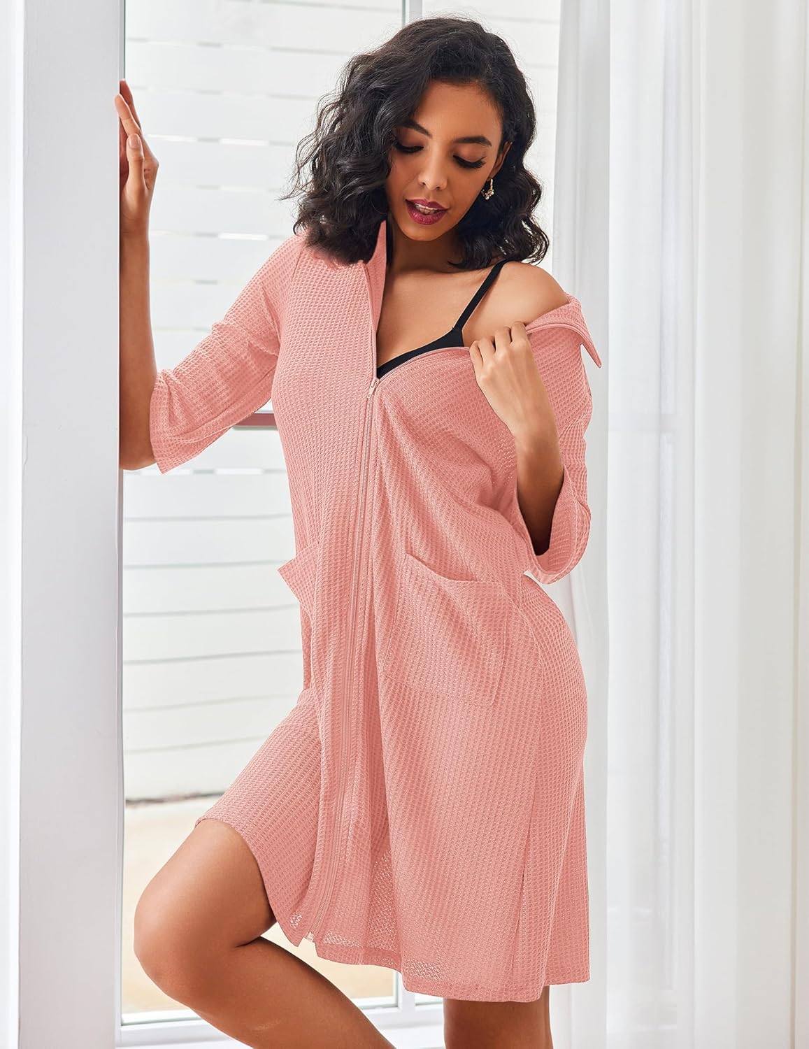 Light pink waffle-knit zip robe with pockets, open-front style