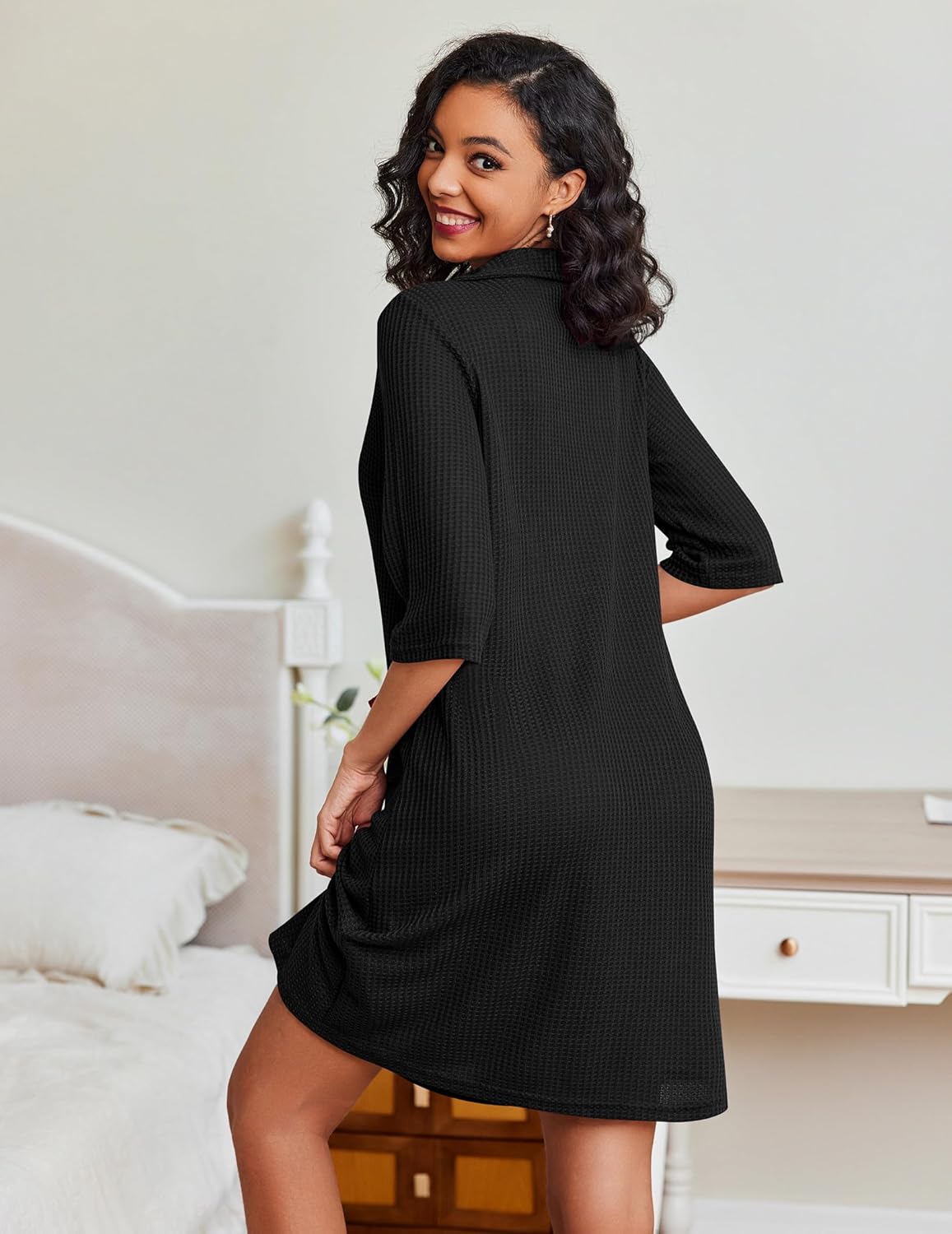 Black waffle-knit zip robe, full-length back view with collar