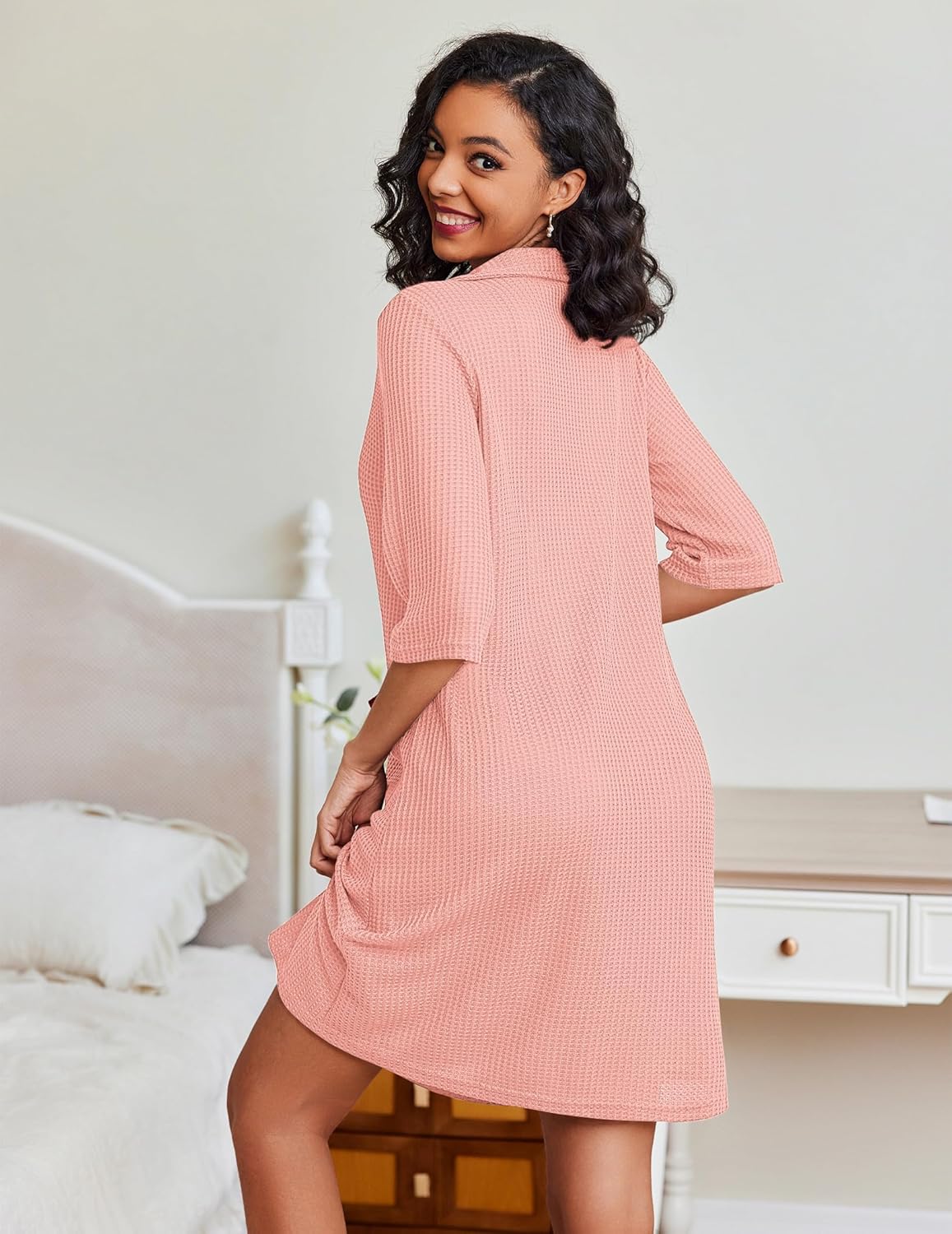 Light pink waffle-knit zip robe, back view with collar