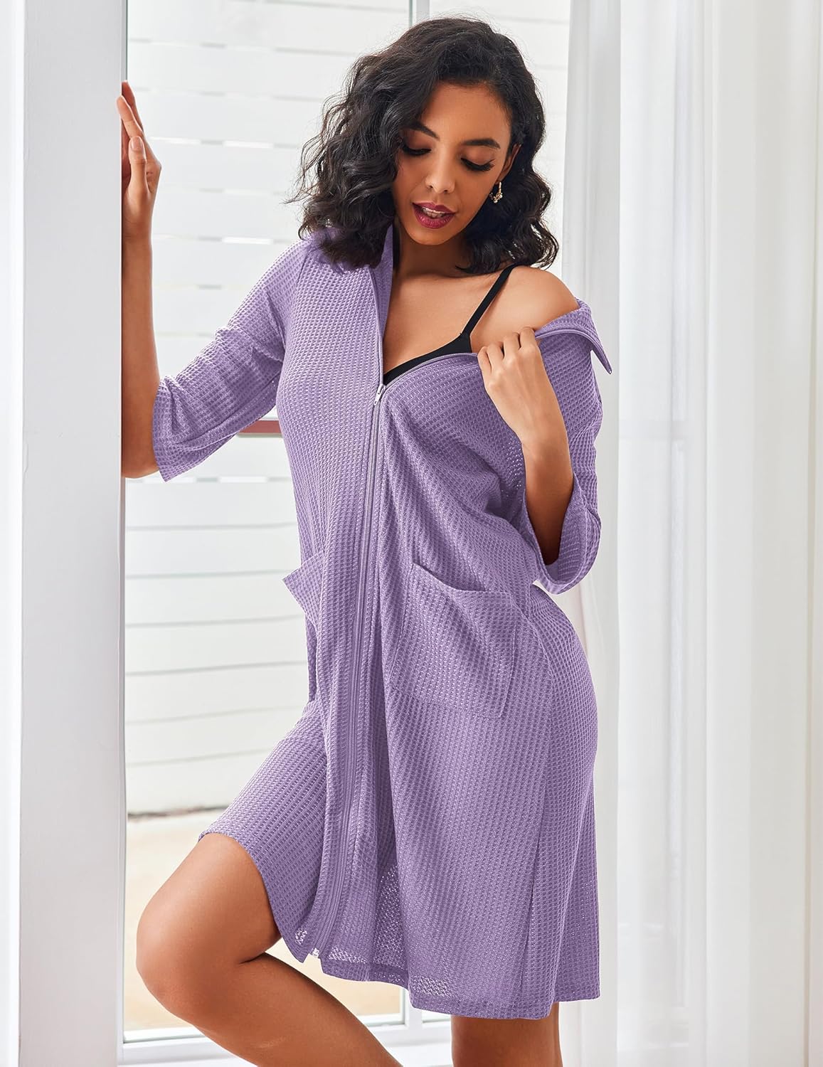 Waffle-knit zip-up bathrobe with pockets, purple color, open front