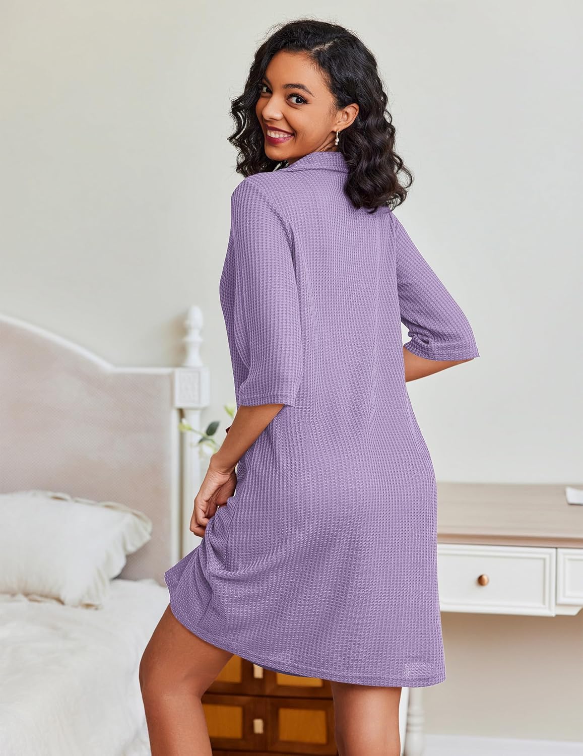 Purple waffle-knit zip bathrobe with pockets, side view