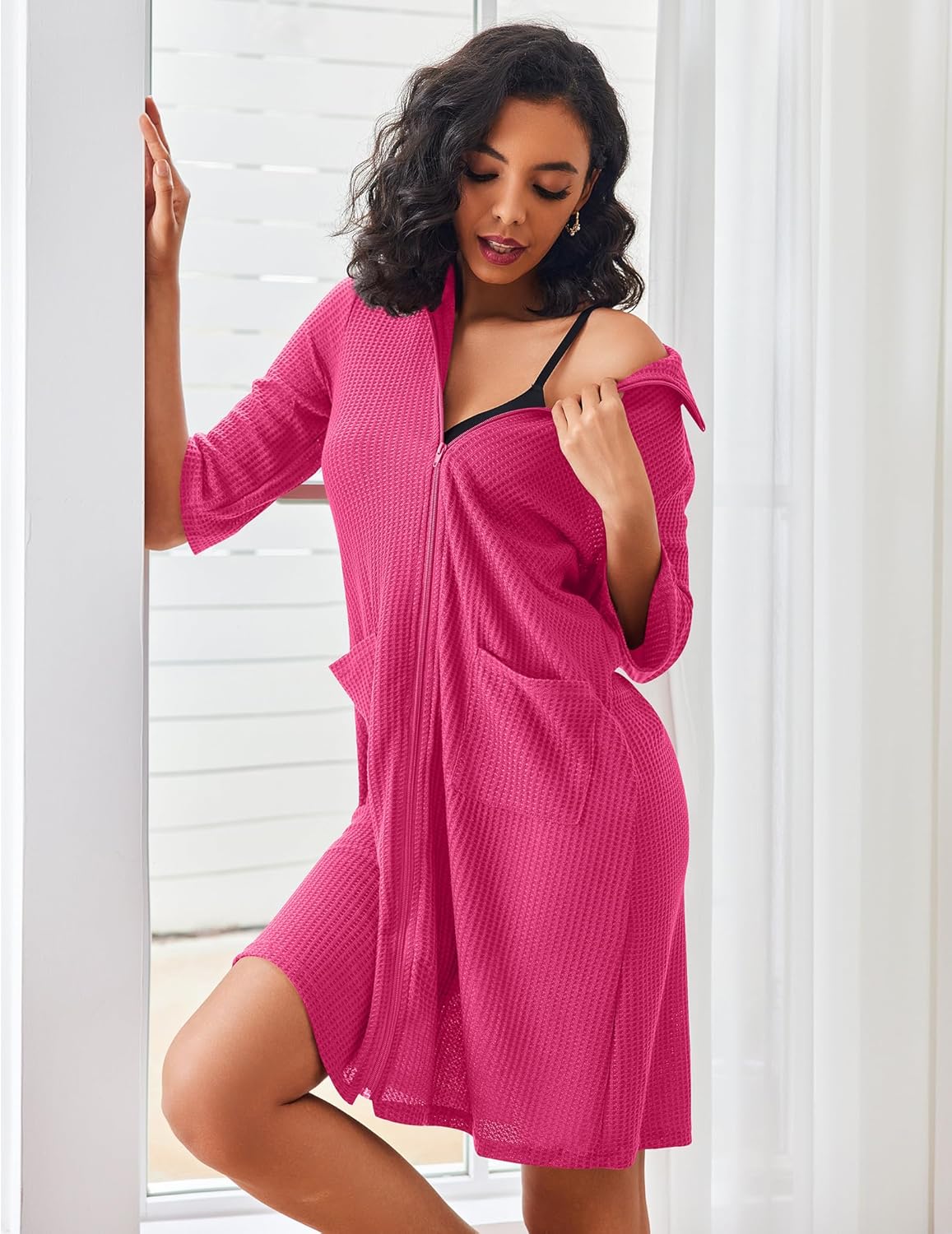 Hot pink waffle-knit zip robe with pockets, open-front style