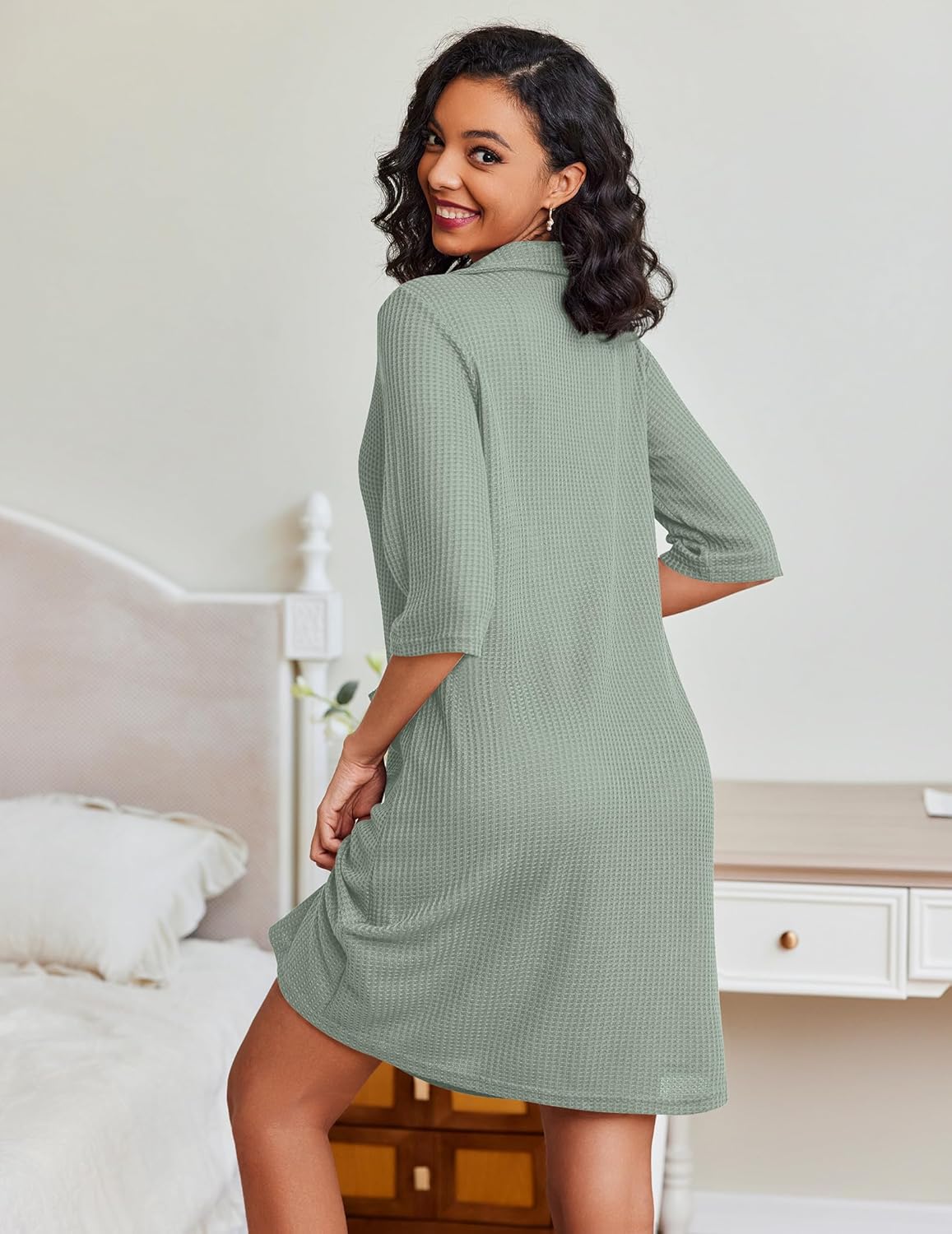 Waffle-knit zip bathrobe with pockets, sage green, back view