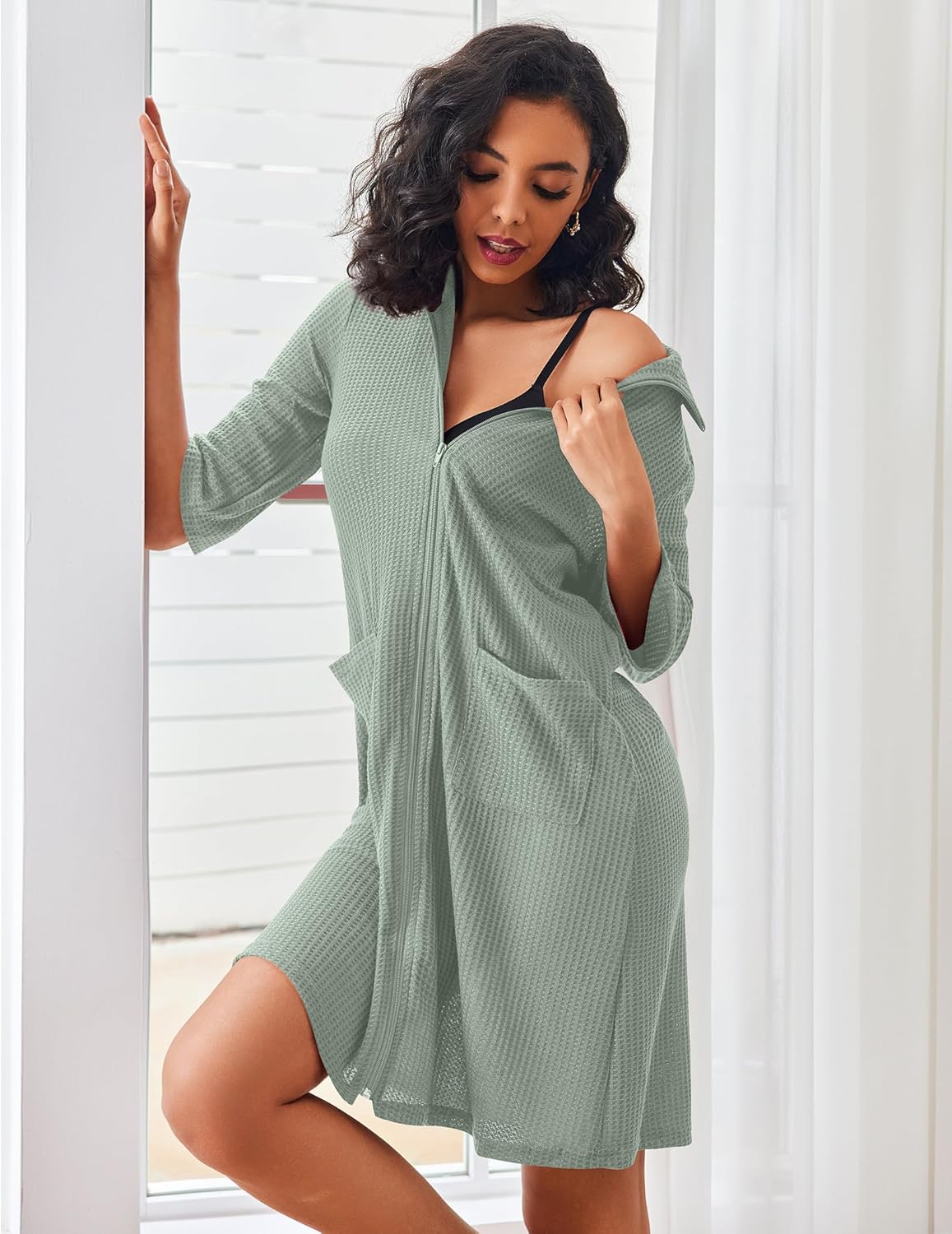 Waffle-knit zip bathrobe with pockets, sage green