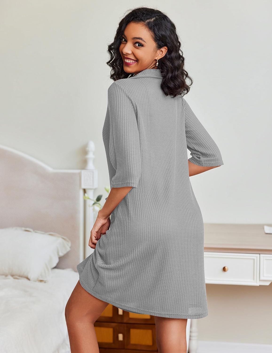 Light gray waffle-knit hooded zip bathrobe with pockets, side view