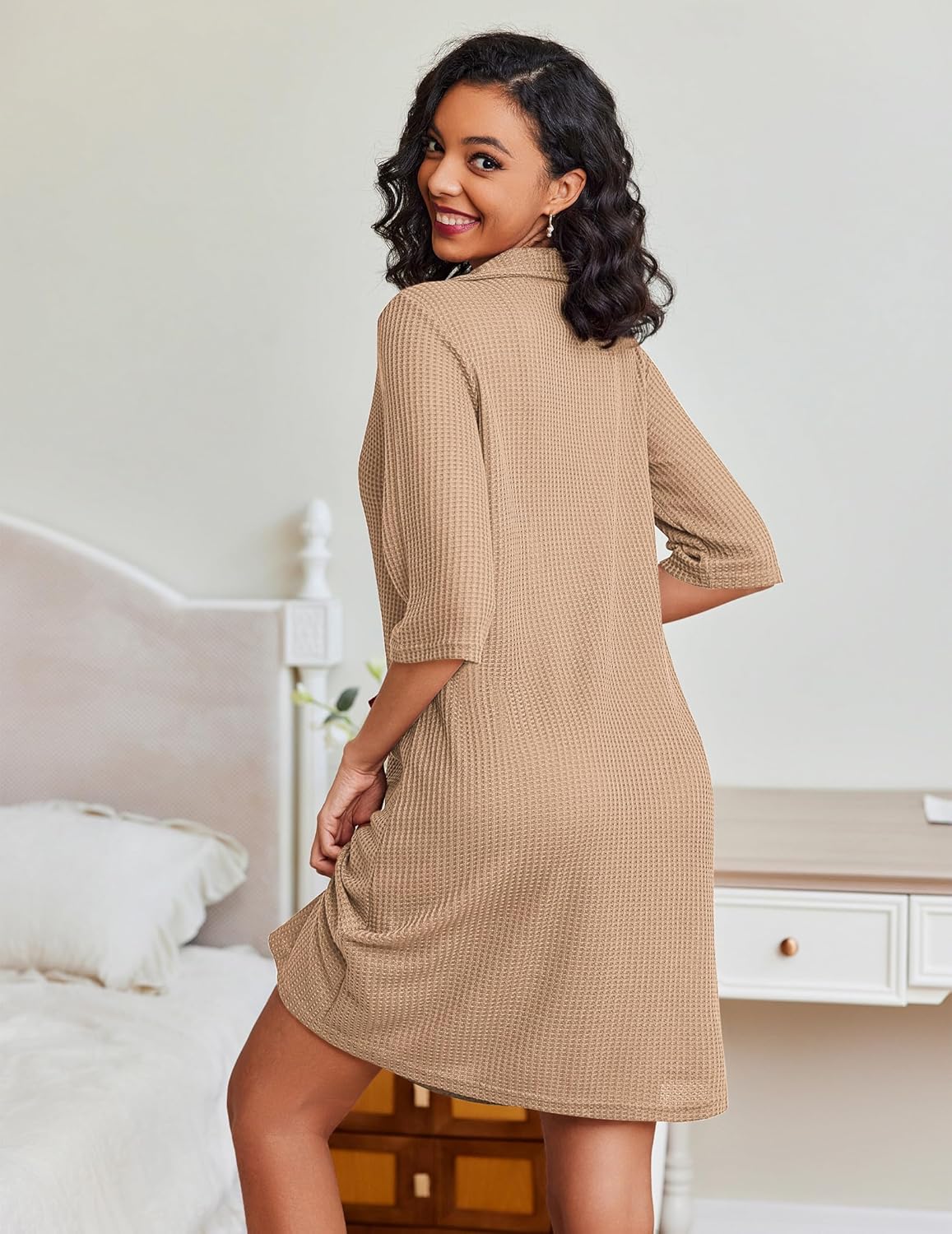 Waffle-knit zip bathrobe with pockets, light tan, back view