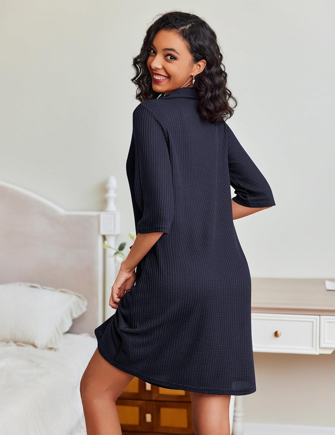 Waffle-knit zip bathrobe with pockets, dark navy, back view