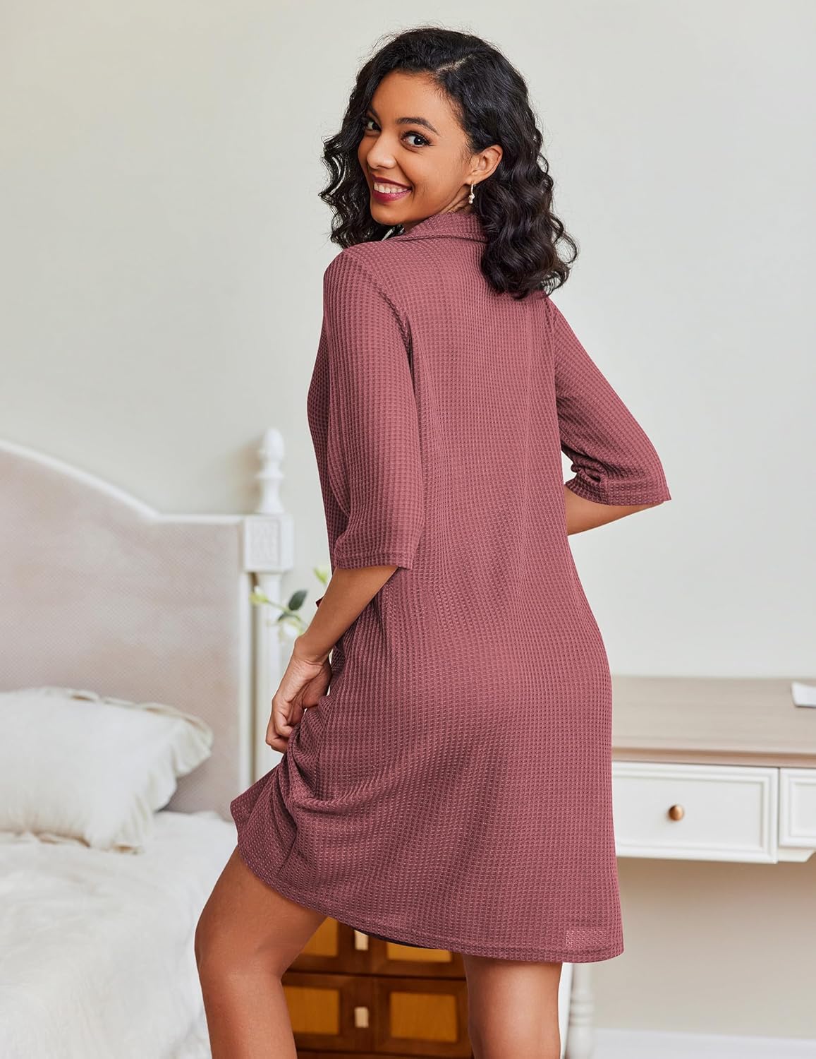 Mauve waffle-knit zip robe, back view with collar