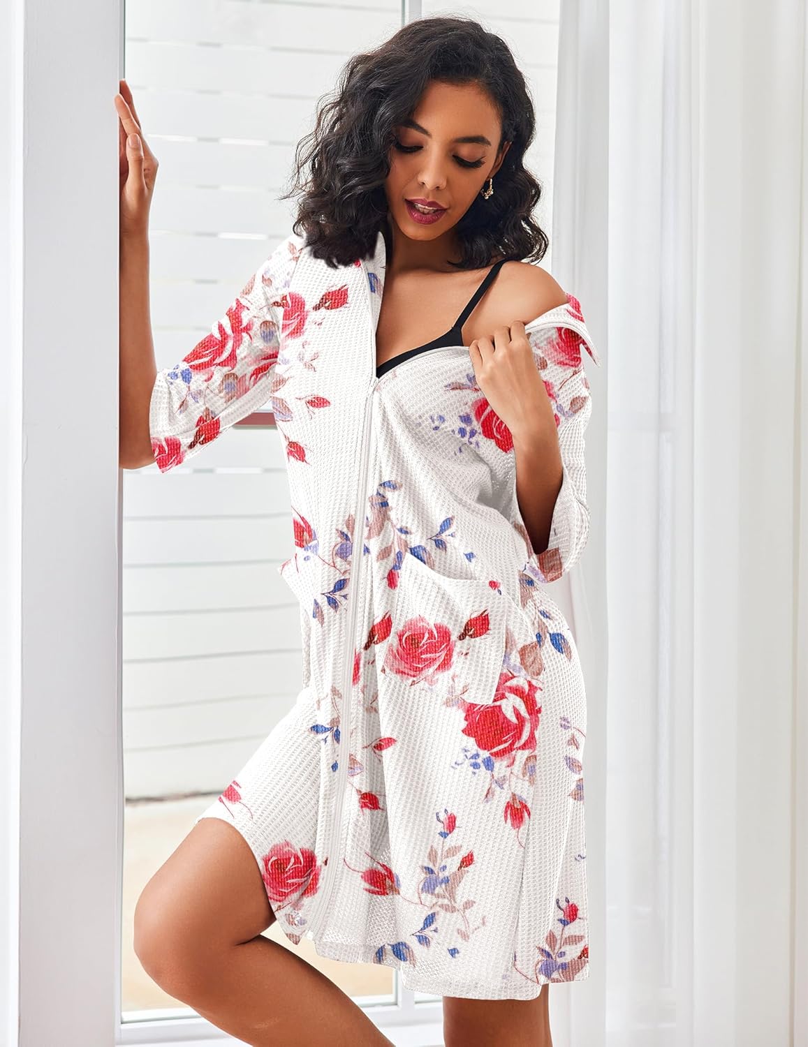Waffle-knit zip bathrobe with pockets, white floral print