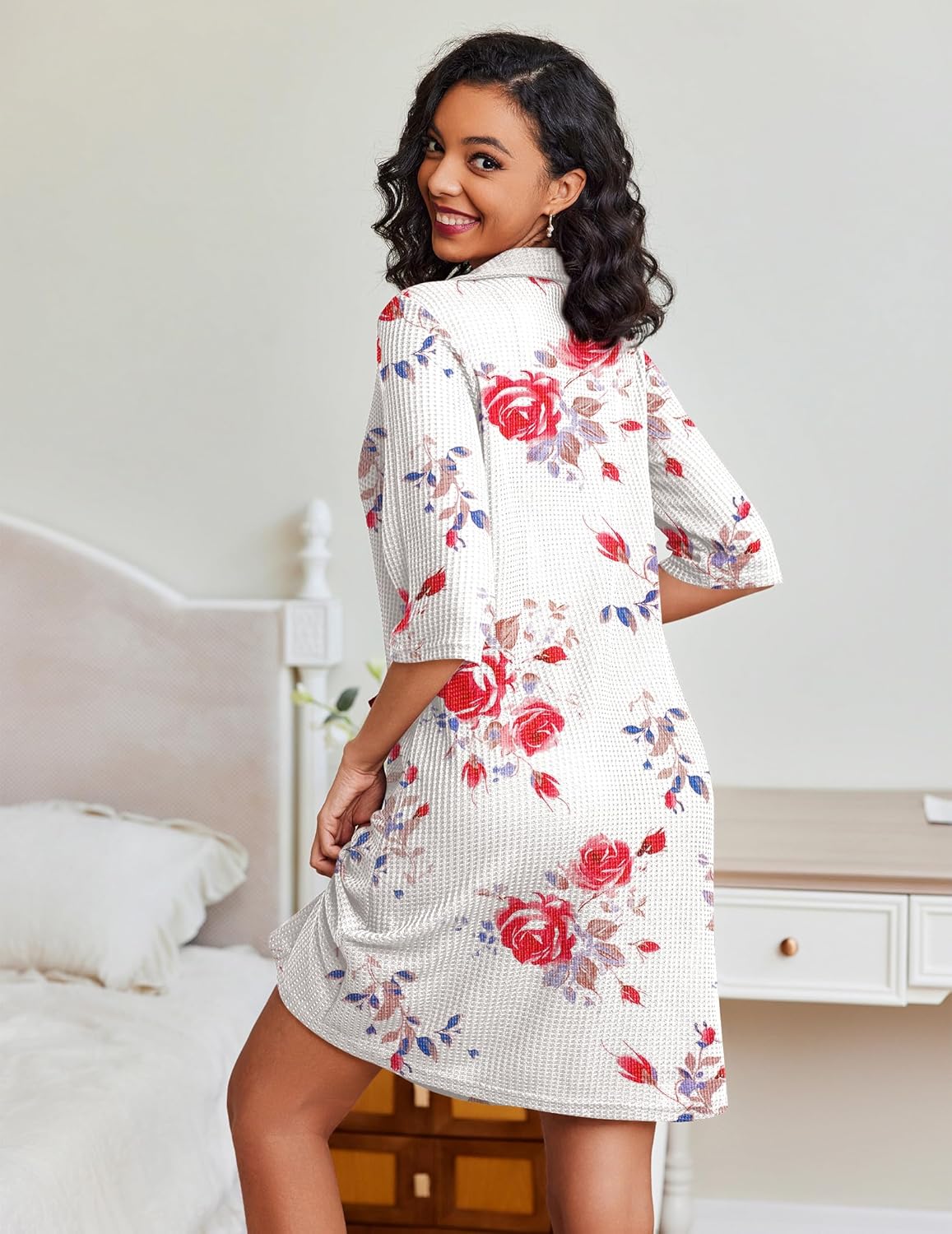 Waffle-knit zip bathrobe with pockets, white floral print, back view