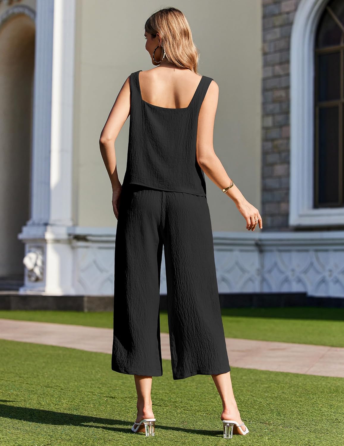 Black set, back view: sleeveless square-neck top with wide capri pants