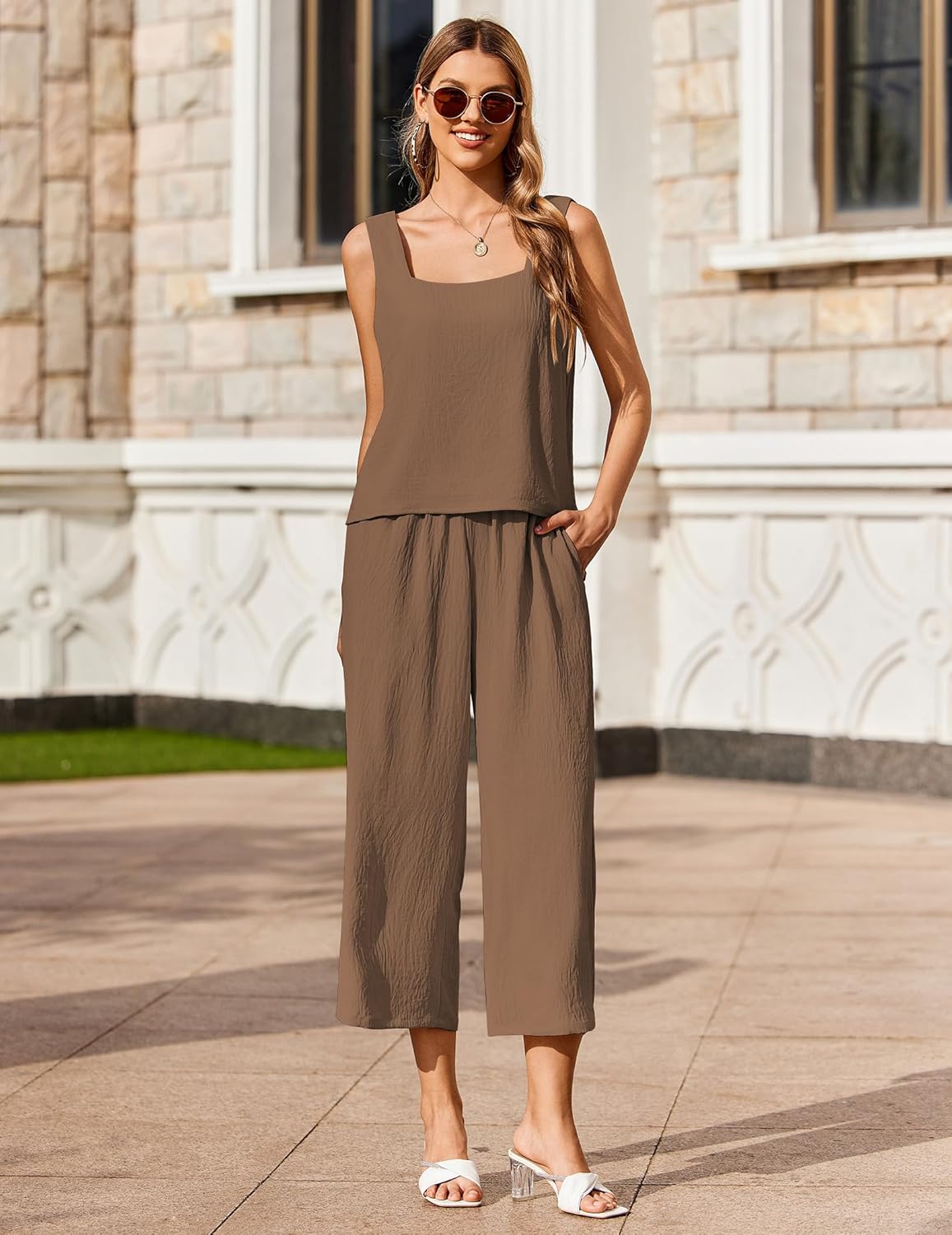 Brown sleeveless top and capri wide-leg pants lounge set with matching waist