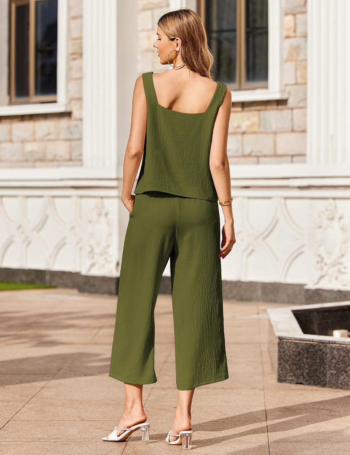 Dark green sleeveless lounge set from the back: square-neck top with wide capri pants