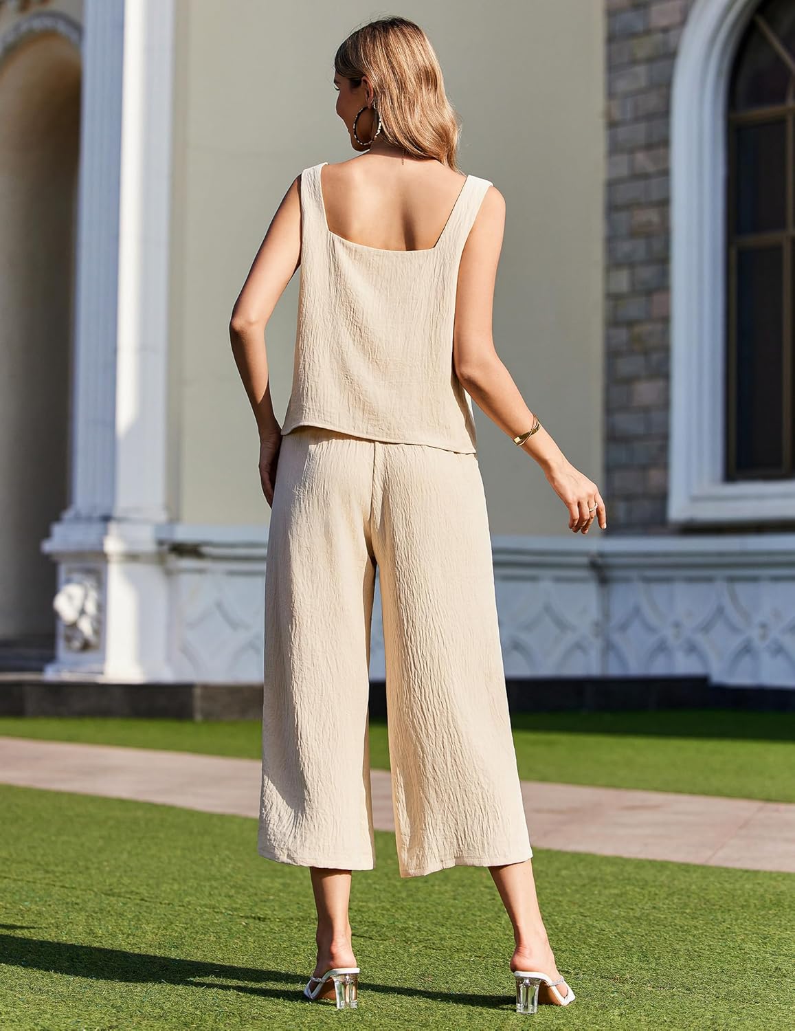 Champagne 2-piece lounge set with sleeveless top and wide capri pants (back view)