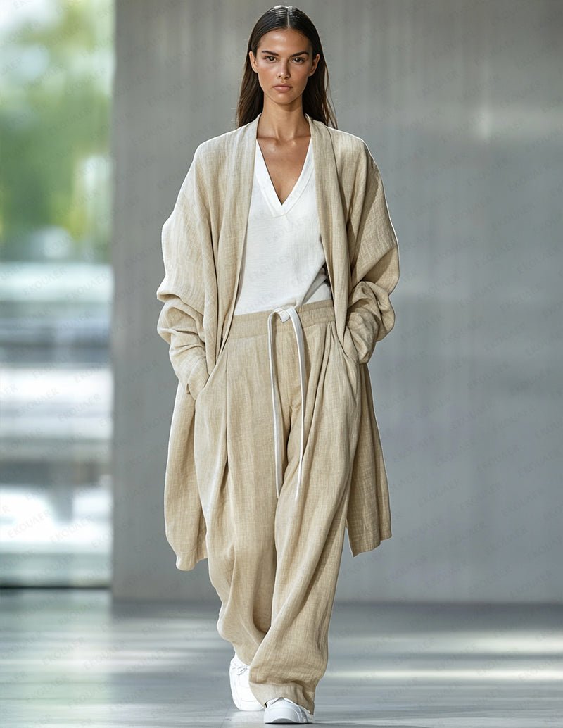Khaki cotton lounge set: robe, V-neck tee, drawstring jogger pants
