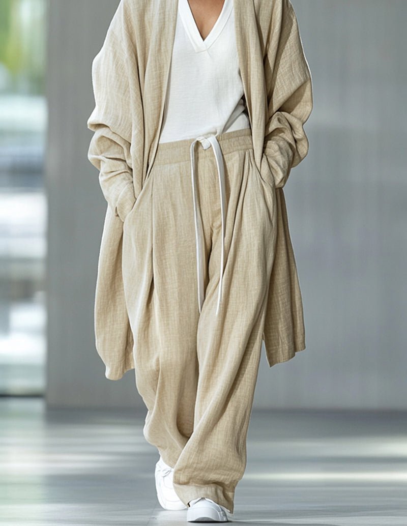 Khaki cotton lounge set: robe sleeves and drawstring jogger pants