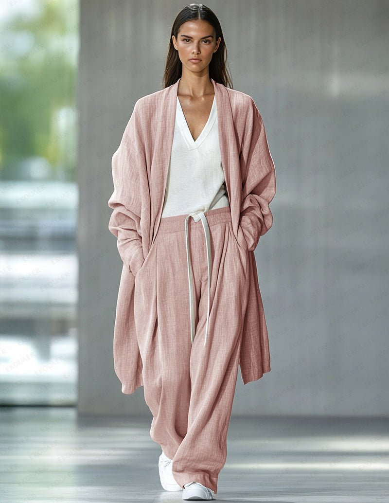 Pink cotton lounge set: robe, V-neck tee, drawstring jogger pants