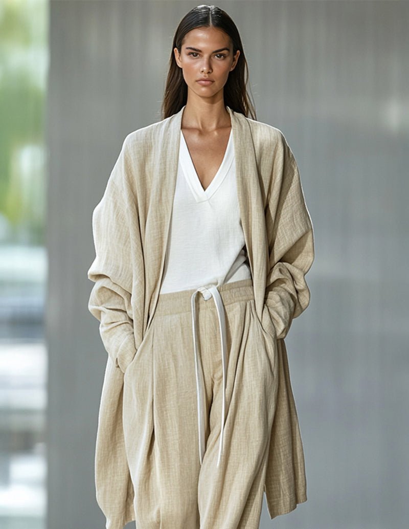 Khaki cotton lounge set with open robe, V-neck tee, and drawstring joggers