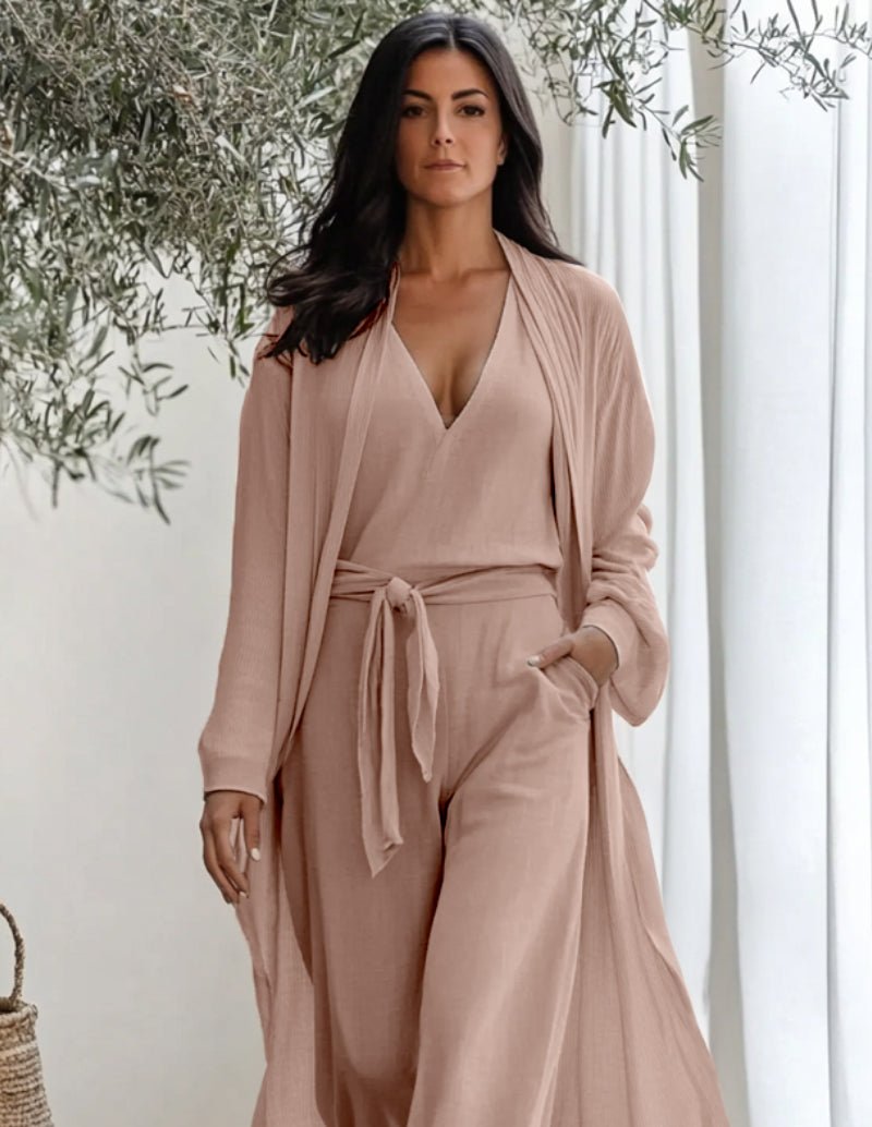 3-piece lounge set in pink: V-neck top with tie waist, wrap robe, cuffed pants.