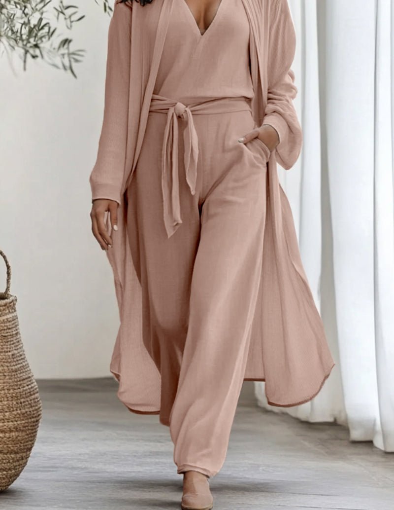 3-piece lounge set in pink: wrap robe over V-neck top and drawstring pants.