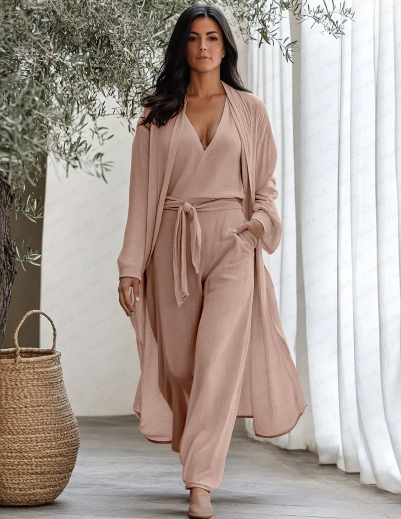 3-piece lounge set: pink V-neck top, belted wrap robe, drawstring pants.