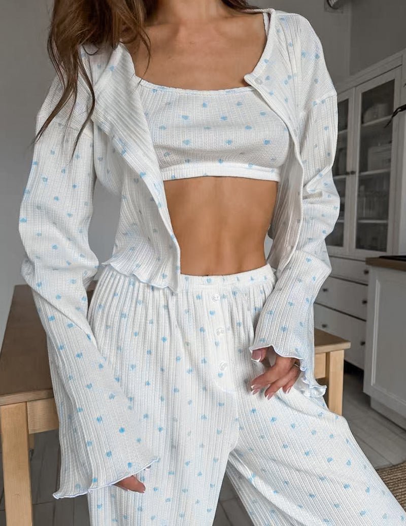 White ribbed bralette with blue dotted pattern, wide straps, matching lounge set