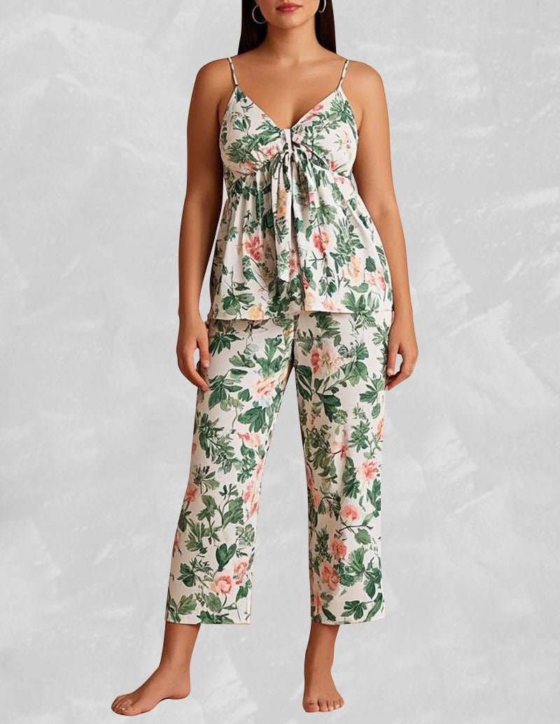 Floral camisole lounge set with tie-front cami and cropped wide-leg pants, green mix
